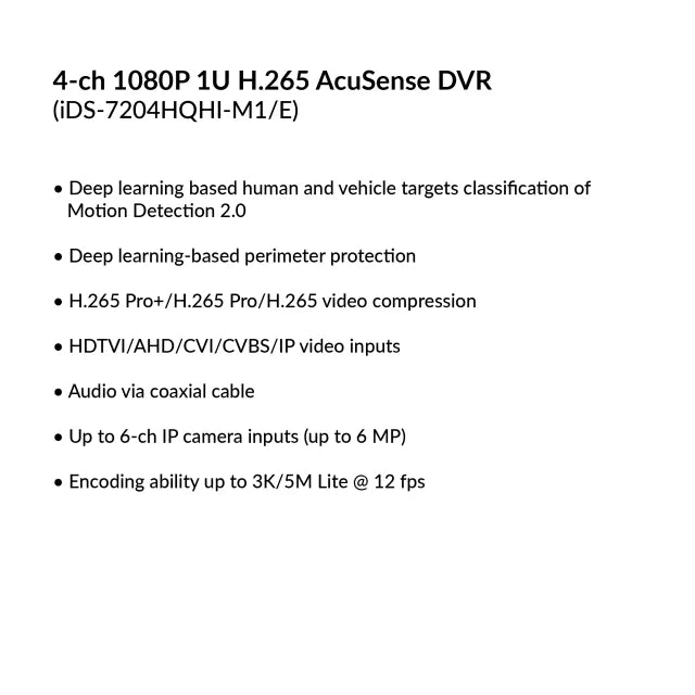 HIKVISION 4-ch 1080P 1U H.265 AcuSense DVR - iDS-7204HQHI-M1/E